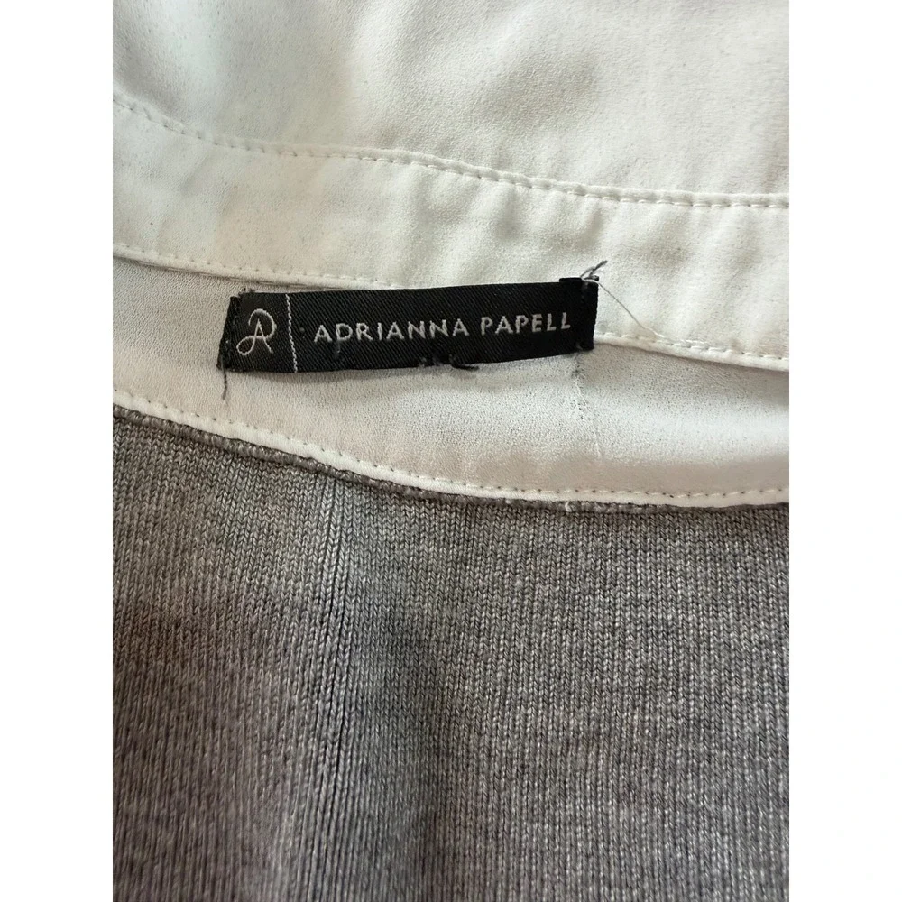 Adrianna Papell Mixed Media Cardigan Grey Knit White Chiffon Sleeve Pearl Button